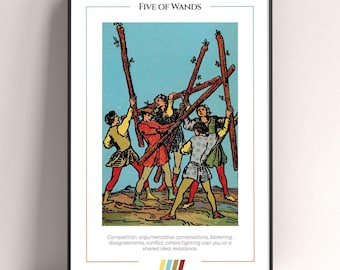 Five of Wands Tarot Card Poster, Tarot Art Print, Tarot Card Modern Poster, Tarot Decor, Mystical Poster, Witchy Gift, Mystical Gift