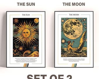 Set of 2 | The Sun & The Moon Tarot Card Poster, Tarot Card Print, Digital Print, Birthday Gifts, Wall Decor, Mystical Poster, Home Decor