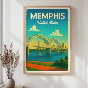 Memphis United States Retro City Print – Vintage Bridge Travel Poster, Memphis Landmark Wall Art for Home & Office Decor