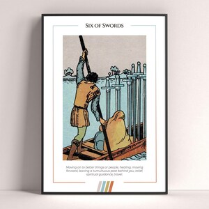 Póster de la carta del Tarot Seis de Espadas, lámina artística de tarot, póster moderno de tarot, decoración de tarot, póster místico, regalo de bruja, regalo místico