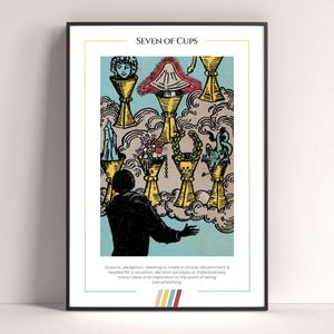 Póster de la carta del tarot Siete de Copas, lámina de tarot, póster imprimible, decoración de tarot, póster místico, regalo de bruja, regalo místico