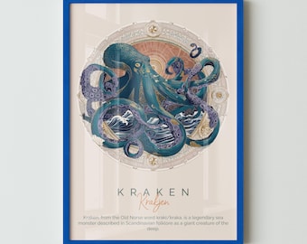 Kraken Fabelwesen Poster, Fantasy Seemonster Kunstdruck, Mittelalterliche Ozean Bestie Illustration, Antike Mythologie Kunst, Kraken Geschenk