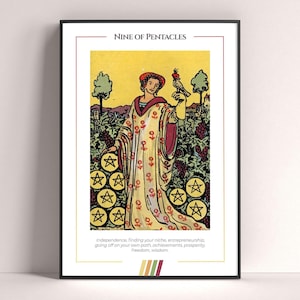 Negen van pentakels tarotkaartposter, tarotkunstdruk, tarotkaart moderne poster, tarotdecor, mystieke poster, heksencadeau, mystiek cadeau