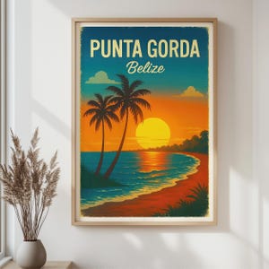 Punta Gorda Belize Retro City Print – Vintage Travel Poster, Tropical Beach Sunset Wall Art for Home & Office Decor