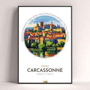 Póster de la ciudad de Carcassonne, impresión de viaje a Francia, arte mural moderno, regalo de viaje, arte urbano paisajístico, impresión colorida, regalo de cumpleaños