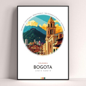 Póster de la ciudad de Bogotá, impresión de viaje a Colombia, arte mural moderno, regalo de viaje, arte urbano paisajístico, impresión colorida, regalo de cumpleaños