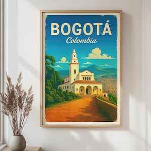 Bogotá Colombia City Print – Monserrate Sanctuary Retro Travel Poster, Vintage Colombian Architecture Wall Art
