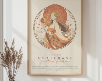 天照大御神のアートプリント：日本の太陽神、神道神話の絵画、天の神光