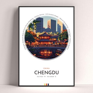 Poster della città di Chengdu, stampa di viaggio in Cina, arte murale moderna, regalo di viaggio, arte del paesaggio urbano, stampa colorata, regalo di compleanno