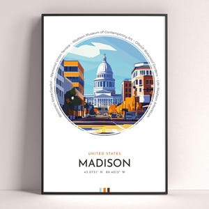 Madison City Poster, USA Reisedruck, Wisconsin Moderne Wandkunst, Reisegeschenk, Landschaft Stadtkunst, Bunter Druck