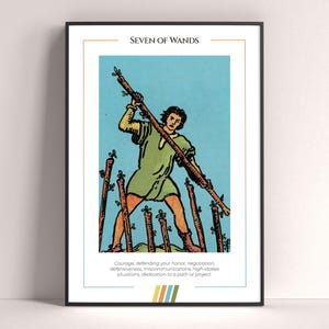 Póster de la carta del tarot Siete de Bastos, lámina de tarot, póster imprimible, decoración de tarot, póster místico, regalo de bruja, regalo místico