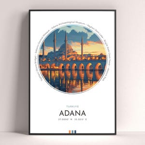 Póster de la ciudad de Adana, impresión de viaje a Turquía, impresión de arte mural enmarcado de Turquía, decoración minimalista de viaje para el hogar