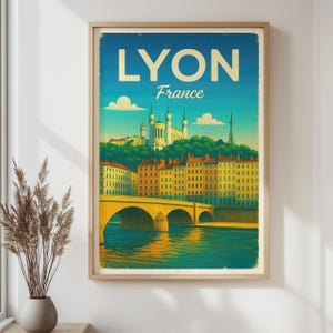Lyon France Retro City Print – Vintage Travel Poster of Basilica Skyline, French Landmark Wall Art for Home & Office Decor