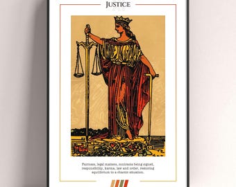 Justice Tarot Card Poster, Tarot Art Print, Tarot Card Modern Poster, Tarot Decor, Mystical Poster,  Witchy Gift, Mystical Gift