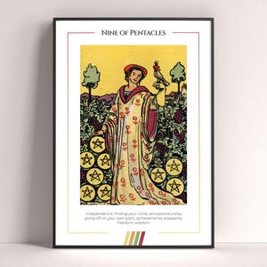 Póster de la carta del tarot Nueve de Oros, lámina de tarot, póster imprimible, decoración de tarot, póster místico, regalo de bruja, regalo místico