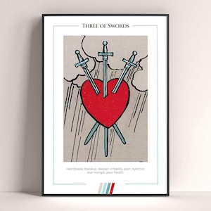 Three of Swords Tarot Card Poster, Tarot Art Print, Tarot Card Modern Poster, Tarot Decor, Mystical Poster, Witchy Gift, Mystical Gift