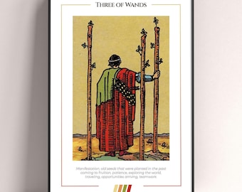 Three of Wands Tarot Card Poster, Tarot Art Print, Tarot Card Modern Poster, Tarot Decor, Mystical Poster, Witchy Gift, Mystical Gift