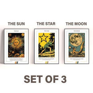 Lot de 3 | Poster de cartes de tarot le soleil, la lune et l'étoile, impression de cartes de tarot, impression numérique, cadeaux d'anniversaire, décoration murale, poster mystique