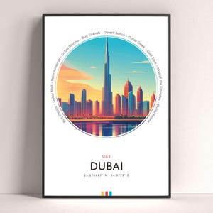 Dubai City Poster, United Arab Emirates Travel Print, Framed Wall Art Print, Minimalist Travel Home Decor