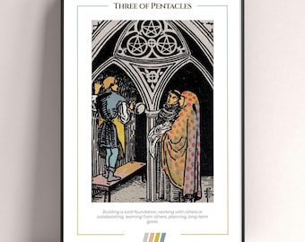 Three of Pentacles Tarot Card Poster, Tarot Art Print, Tarot Card Modern Poster, Tarot Decor, Mystical Poster, Witchy Gift, Mystical Gift