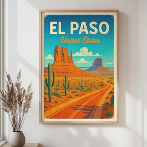 El Paso Texas Retro Travel Poster – Vintage Desert Landscape Print, Southwestern Wall Art, Home & Office Decor