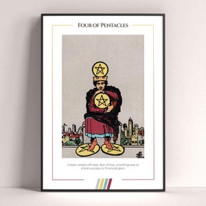 Póster de la carta del Tarot Cuatro de Oros, lámina de tarot, póster imprimible, decoración de tarot, póster místico, regalo de bruja, regalo místico
