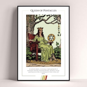 Affiche de carte de tarot de la Reine des Pentacles, impression d'art de tarot, affiche imprimable de carte de tarot, décor de tarot, affiche mystique, cadeau de sorcière, cadeau mystique