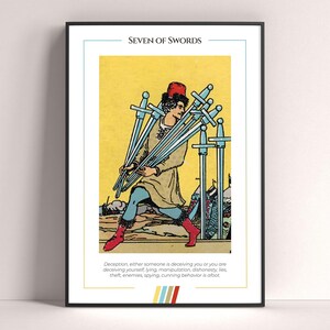 Póster de la carta del tarot Siete de Espadas, lámina de tarot, póster imprimible, decoración de tarot, póster místico, regalo de bruja, regalo místico