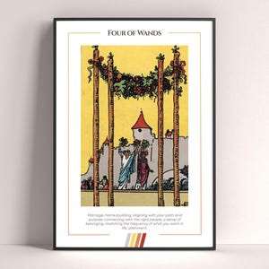 Póster de la carta del Tarot Cuatro de Bastos, lámina de tarot, póster imprimible, decoración de tarot, póster místico, regalo de bruja, regalo místico