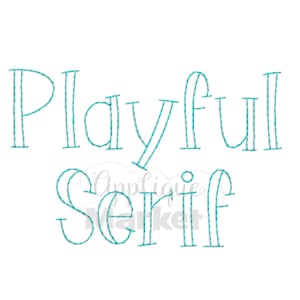 May include: Playful Serif embroidery font design. The words "Playful Serif" are stitched in a blue thread.
