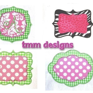 May include: Four different embroidery designs featuring a green and white gingham border with a pink interior. The designs include a damask pattern with a white letter A, a pink and white polka dot pattern, a pink and white polka dot pattern, and a pink and black zebra print pattern.