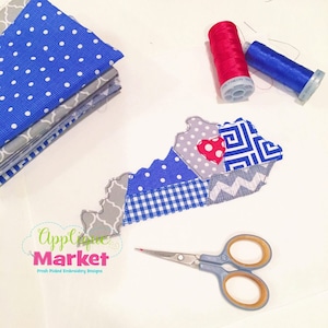 May include: A patchwork quilt in the shape of the state of Kentucky. The quilt is made of blue, gray, and white fabrics with a red heart in the center. The quilt is surrounded by sewing supplies, including thread, scissors, and fabric scraps.