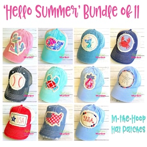 May include: A set of 11 embroidery designs for in-the-hoop hat patches. The designs include a variety of summer themes, such as anchors, crabs, pineapples, and seashells. The designs are all in a distressed style, with a vintage look. 'Hello Summer' Bundle of 11.