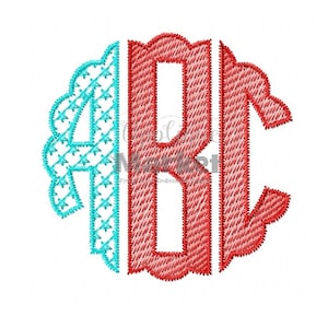 May include: A monogram design with the letters A, B, and C. The letters are red and the background is a blue and white pattern.