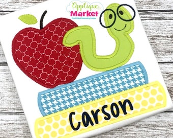 機械刺繍デザイン アップリケ ワームと本 即時ダウンロード