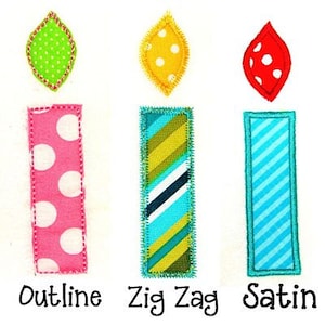 May include: Three embroidered candle designs with different stitch styles: outline, zig zag, and satin. The candles are pink, blue, and yellow with white polka dots.