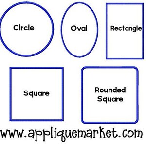 May include: A graphic illustration of five different shapes: a circle, oval, rectangle, square, and rounded square. Each shape is outlined in blue and labeled with its name.
