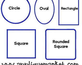 May include: A graphic illustration of five different shapes: a circle, oval, rectangle, square, and rounded square. Each shape is outlined in blue and labeled with its name.