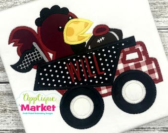 May include: Embroidered design of a red cardinal riding in a black and white polka dot dump truck with a red and white checkered side. The truck has the name "WILL" on the side and is carrying a football.