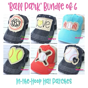 May include: A set of six baseball-themed embroidery designs for trucker hats. The designs include a baseball with a heart, a baseball with bats, a baseball with the word "mom", a baseball with the word "love", a baseball with a monogram, and a baseball with the number 15.