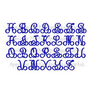 May include: A set of 26 uppercase letters in a blue cursive font. The letters are arranged in alphabetical order.