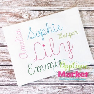 May include: A white fabric with embroidered names in different colors. The names are "Amelia", "Sophie", "Lily", "Emmi", and "Harper". The text "Applique Market" is also embroidered in green.