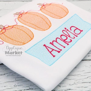 May include: A white shirt with three orange pumpkins and a blue banner with the name "Amelia" embroidered in pink.