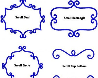May include: Four different blue scroll designs. The first is an oval scroll with the text "Scroll Oval". The second is a rectangular scroll with the text "Scroll Rectangle". The third is a circular scroll with the text "Scroll Circle". The fourth is a double scroll design with the text "Scroll Top bottom".