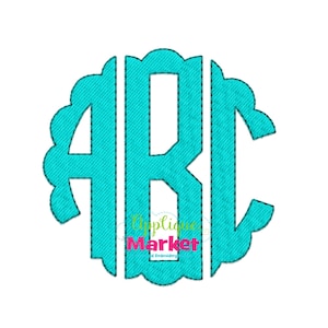 Puede incluir: Un monograma azul turquesa con las letras "ARC" en un diseño de círculo festoneado.