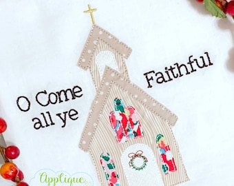 May include: Embroidered design of a church with the words "O Come all ye Faithful" in brown thread. The church is beige with a brown roof and white trim. The windows are decorated with colorful floral patterns.