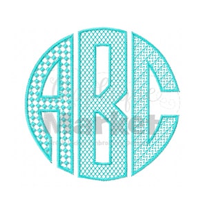 May include: A teal monogram design featuring the letters "ABC" in a circular frame. The letters have a detailed, open-weave pattern, and the outer circle has a textured border. The design is set against a clean white background.
