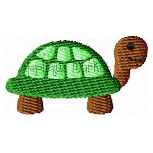 May include: A small green turtle with a brown head and legs. The turtle has a shell with a pattern of green squares.