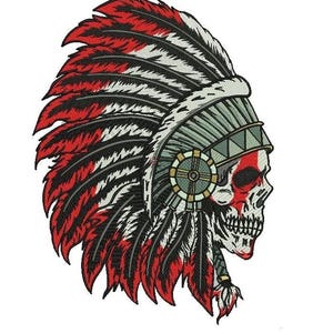 May include: A red, white, and black skull wearing a traditional Native American headdress with feathers. The skull has a red face paint design.