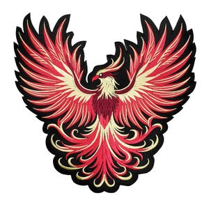 May include: An embroidered patch featuring a phoenix with wings spread wide. The design uses vibrant red, deep burgundy, and cream-colored thread against a solid black background, creating a detailed depiction of the mythical bird in flight.